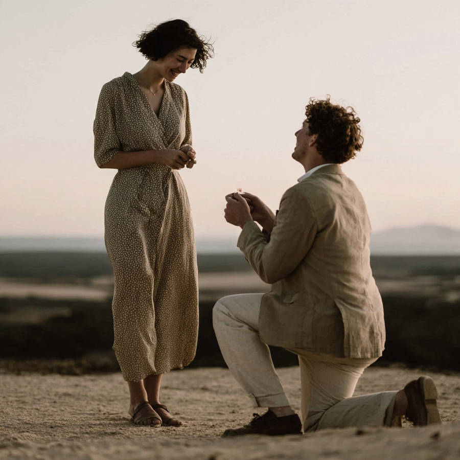 Man proposing with a bespoke engagement ring in a natural outdoor setting