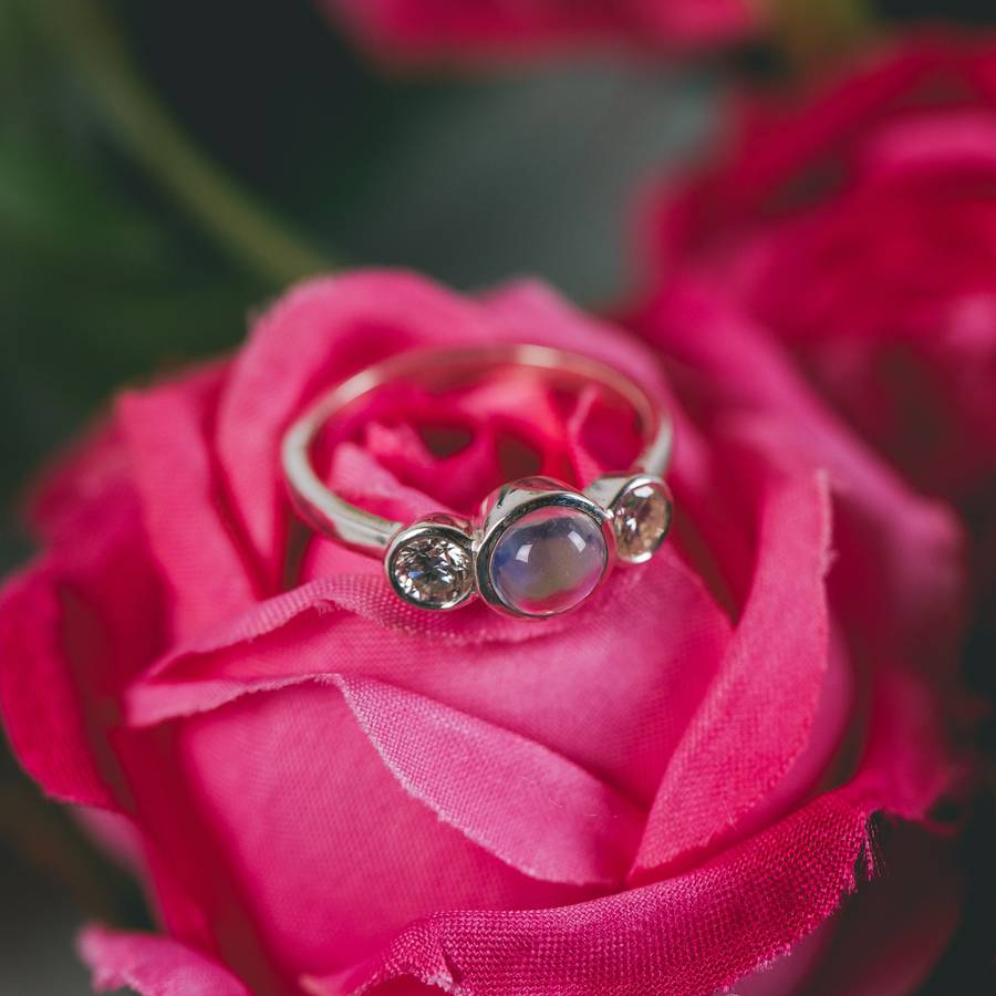 Silver ring with a central moonstone cabochon flanked by two clear gemstones, resting on bright pink rose petals with a softly blurred floral background.