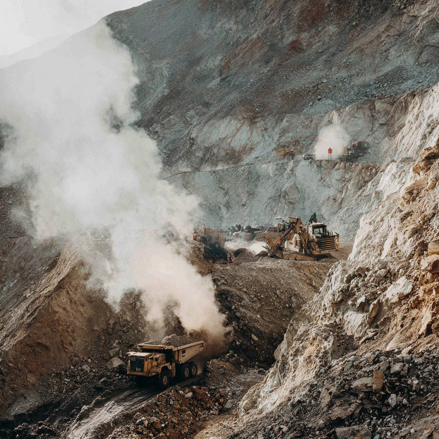 Open-pit gold mine with haul trucks and excavators operating amid rocky cliffs and rising white dust clouds.