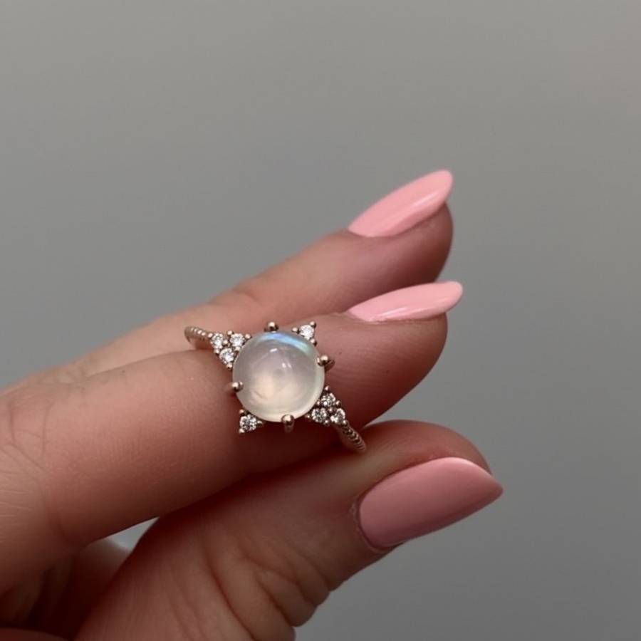 Delicate ring with a round moonstone centre and small diamond accents arranged in a star-like cluster, worn on a hand with light pink manicured nails against a neutral background.