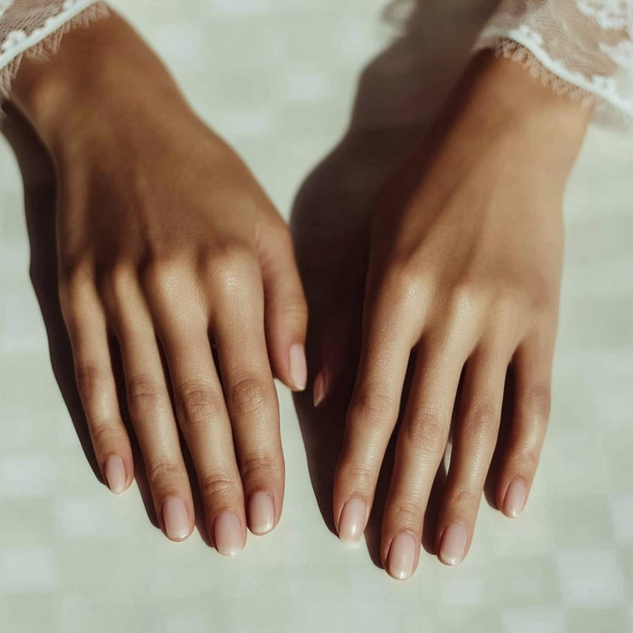 Close-up of two relaxed hands with natural manicured nails resting side by side on a soft, light surface, conveying calm simplicity