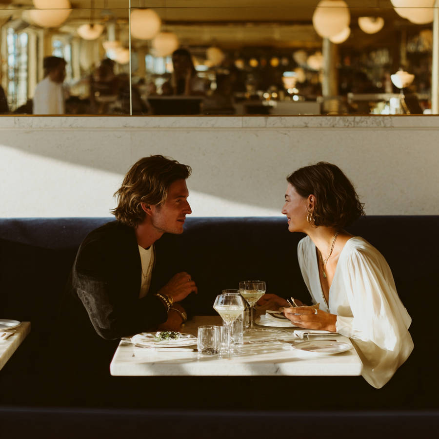 Couple enjoying a romantic dinner date in an elegant restaurant, capturing an intimate engagement celebration moment