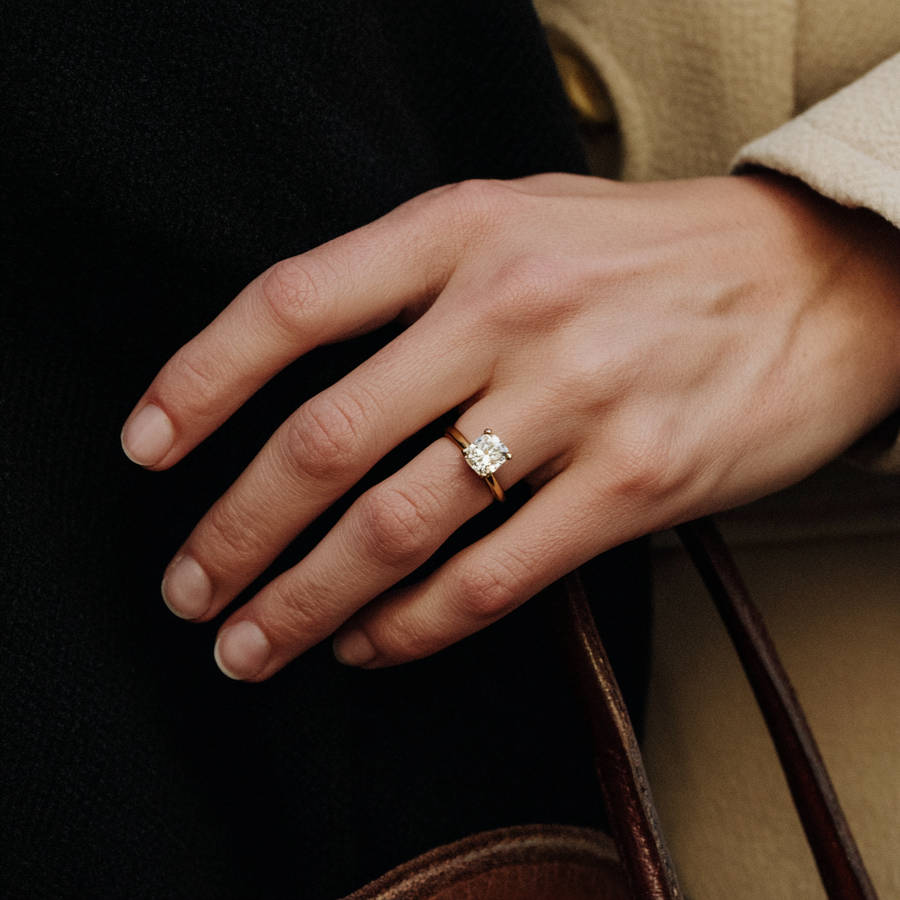 Close-up of a hand wearing a custom solitaire diamond engagement ring with a yellow gold band.