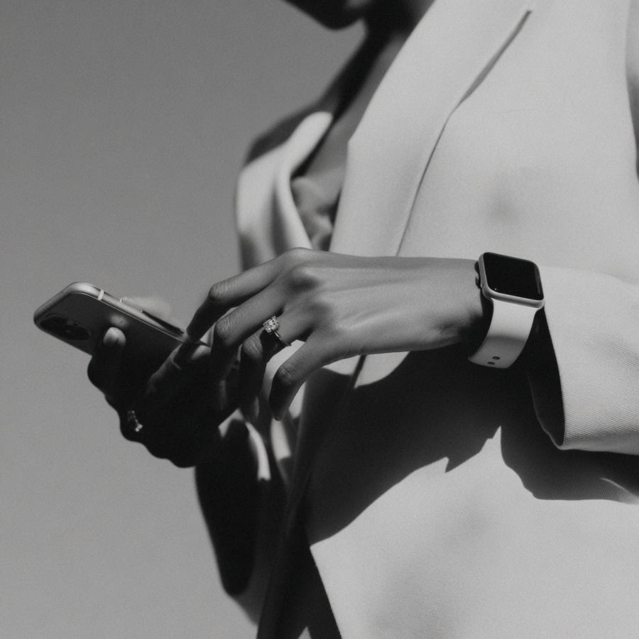 Close-up of woman using smartphone, wearing a bespoke engagement ring and smartwatch in minimalist black and white