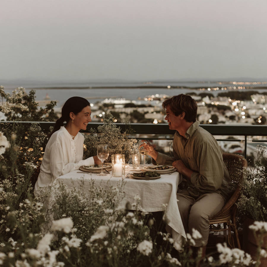 Couple enjoying a romantic candlelit dinner on a flower-filled balcony overlooking a coastal town at dusk, sharing wine and conversation