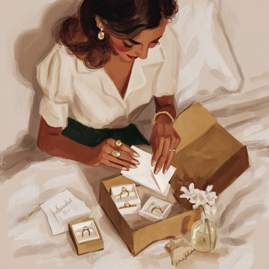 Illustrated woman opening a jewellery box with multiple bespoke engagement rings laid out on a bed beside a gift package