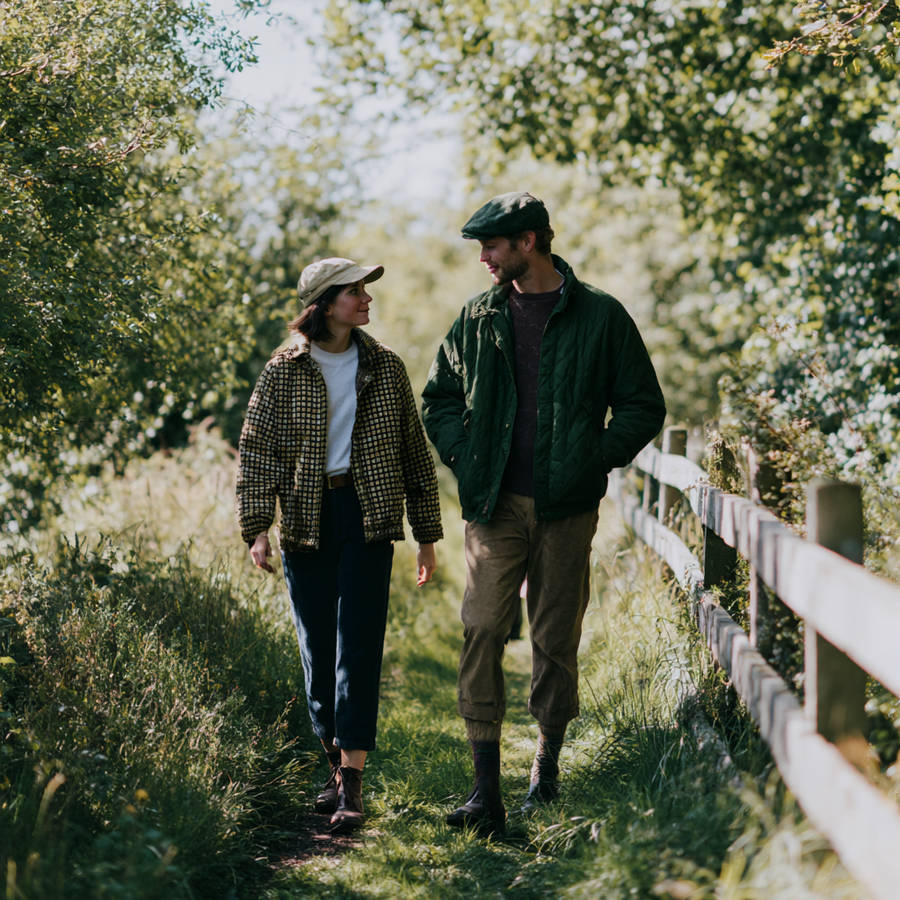 Couple walking through the countryside on a sunny day, capturing a romantic and natural engagement story moment