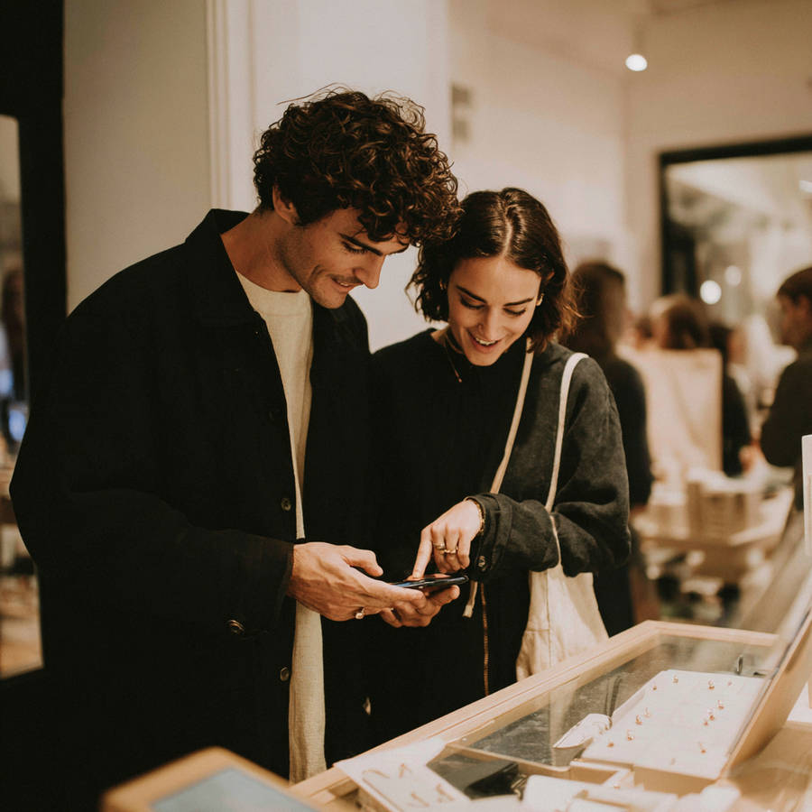 Couple browsing engagement rings in a jewellery store, smiling as they compare designs on a phone by the display case