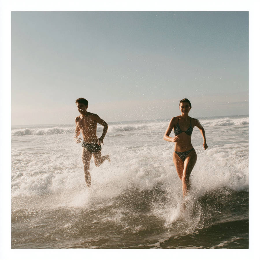 Couple in swimwear running through crashing waves, splashing in the ocean surf on a sunny beach.