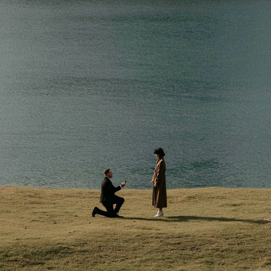 Wide shot of a person kneeling to propose by a lakeside, holding a ring as their partner stands on the grass