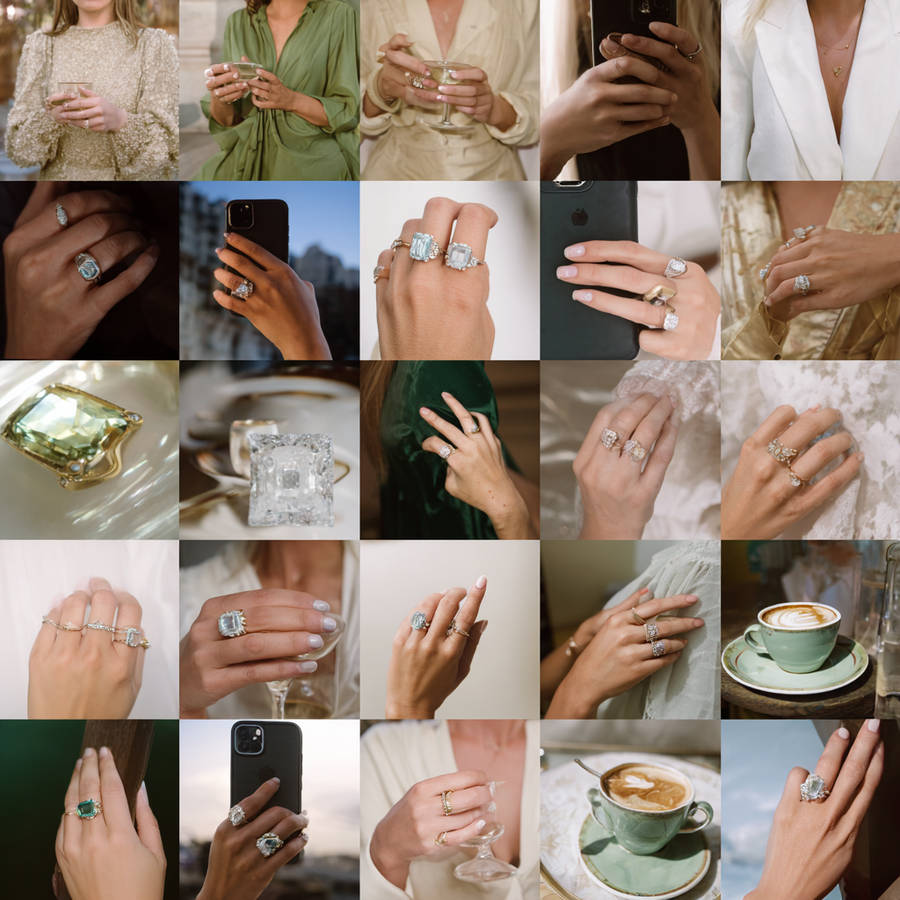Collage of candid photos showing hands wearing bespoke engagement rings in everyday moments like coffee, phones, and celebrations
