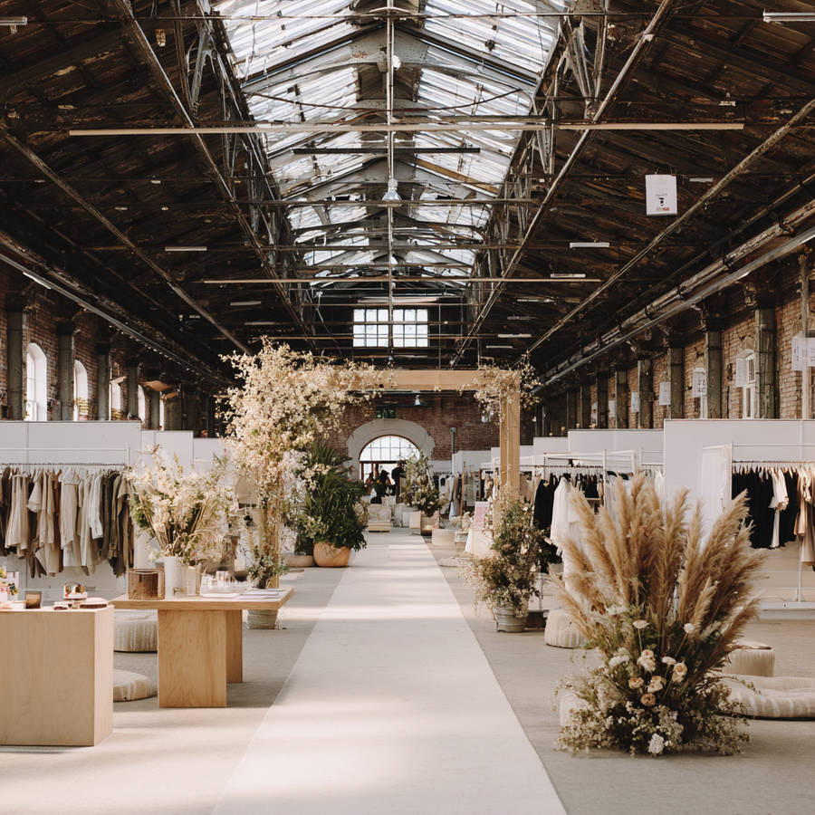 Sunlit wedding fair inside an industrial hall with a central aisle, floral displays, and clothing rails on both sides.