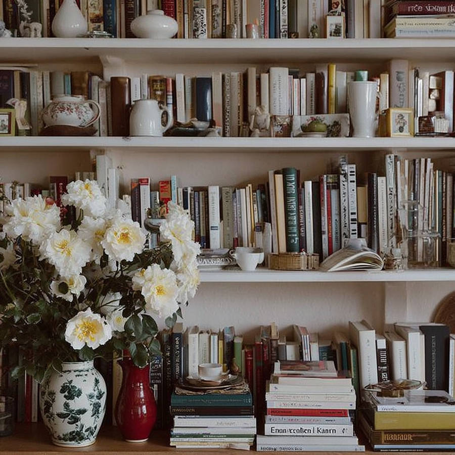 Cozy English cottage bookshelf filled with books, ceramics and white flowers arranged in vintage vases.