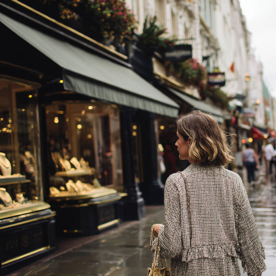 Woman walking past a jewellery shop window on a city high street, looking at engagement rings and displays