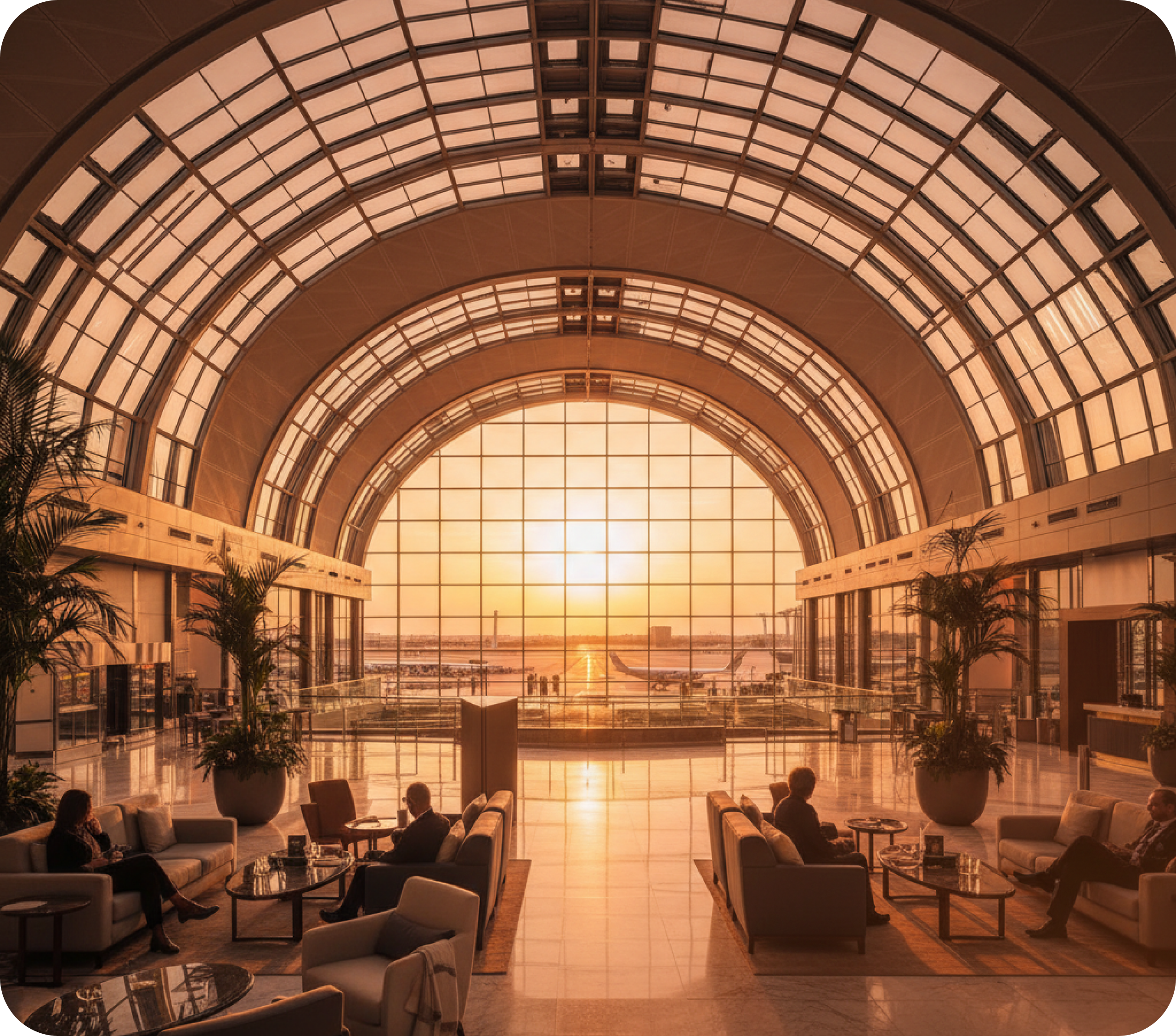 Modern airport terminal at sunset