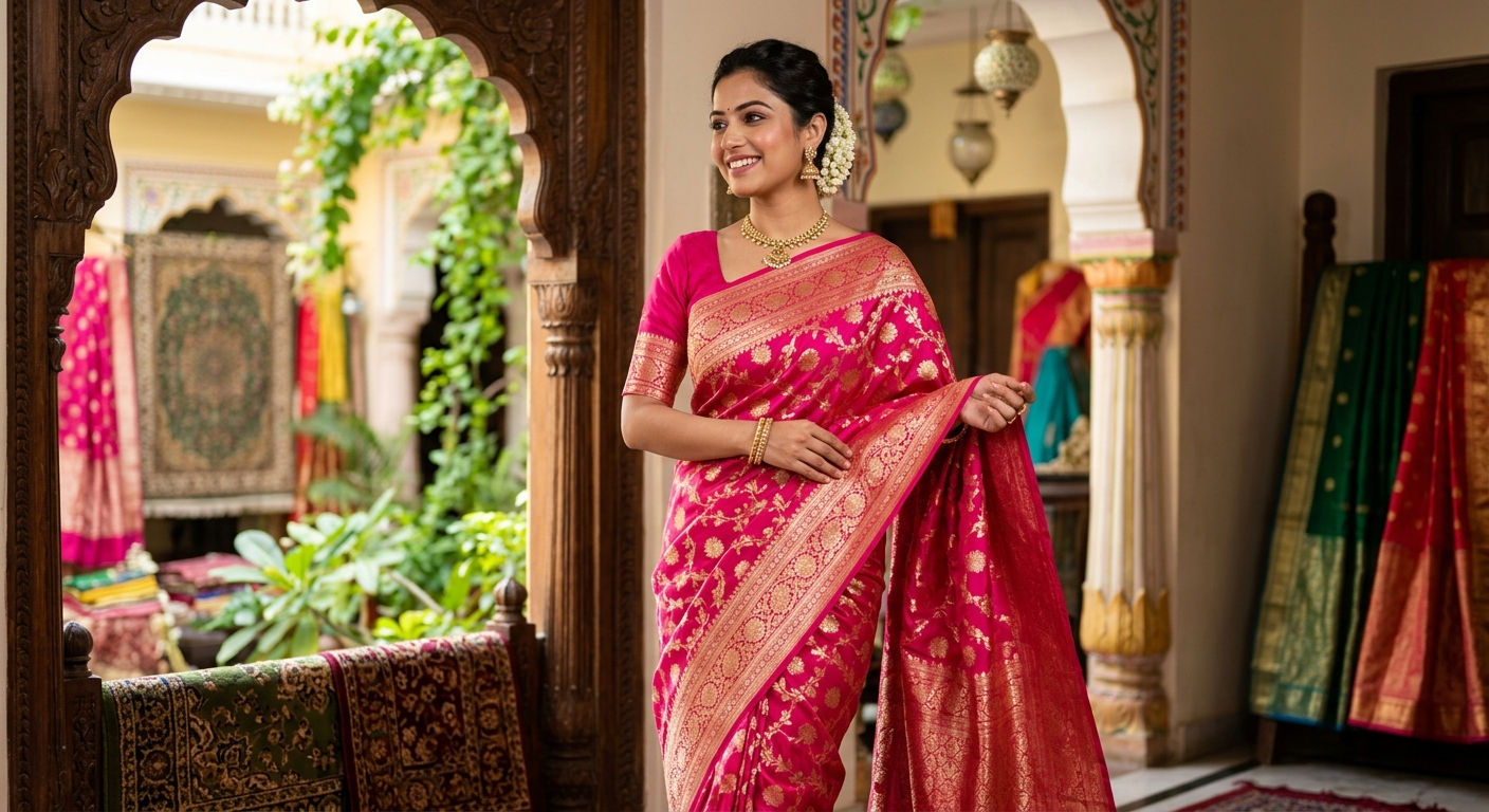 Shine in Silk: Gorgeous Pink Drapes in Our Banarasi Saree Collection 100% original