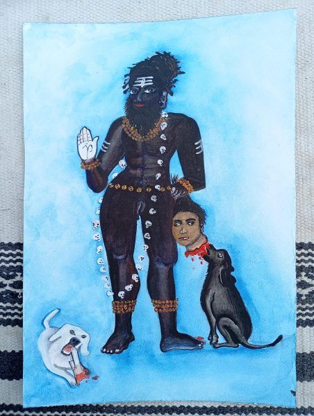 Kalabhairav with black and white dogs Handmade Painting