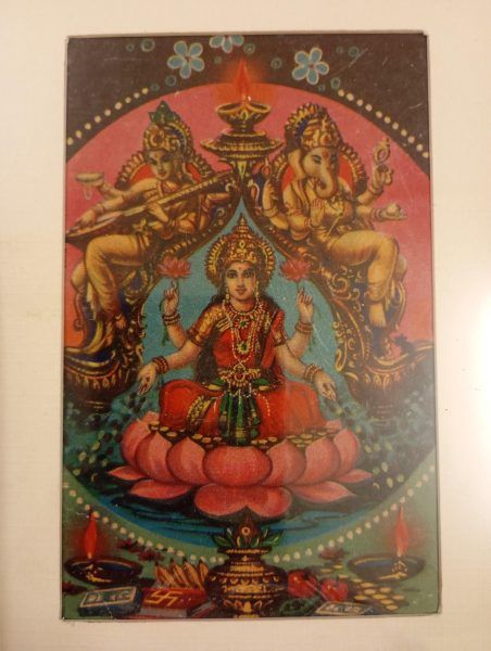 Framed Vintage Srilakshmi, Ganesh ji Saraswati ma print wooden frame