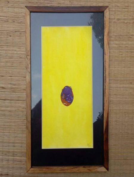 Universe is a mottled purple egg, mixed media on paper handmade painting, framed