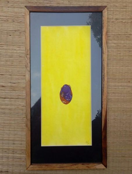 Universe is a mottled purple egg, mixed media on paper handmade painting, framed