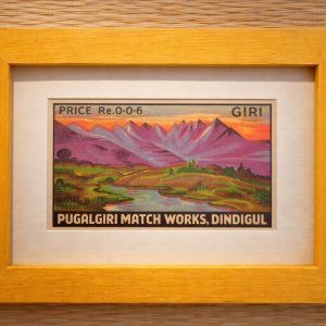 Framed Original Indian Matchbox label Giri Mountain from 1960s Dindigul, handmade wooden frame with joinery