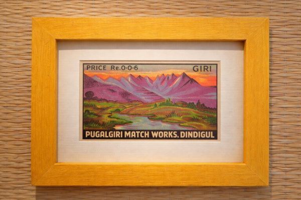 Framed Original Indian Matchbox label Giri Mountain from 1960s Dindigul, handmade wooden frame with joinery