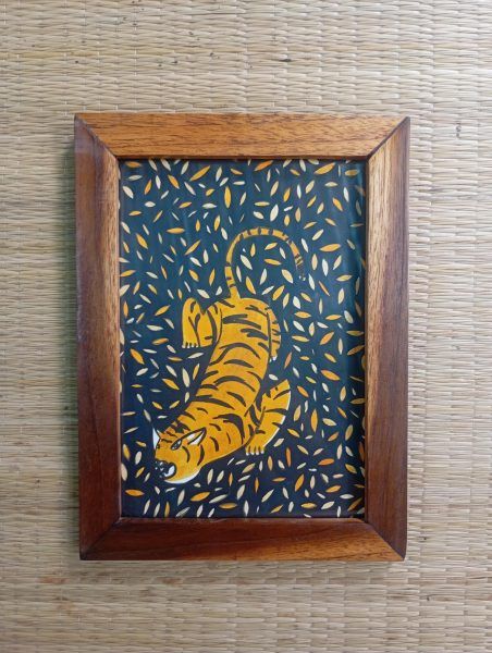 Tiger Hunting Camouflaged Handmade illustration folk style framed matchbox label