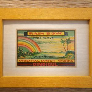 Framed Original Indian Matchbox Rainbow from 1960s Dindigul, handmade wooden frame with joinery
