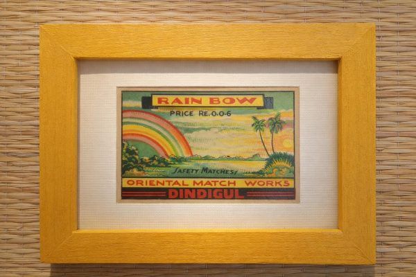 Framed Original Indian Matchbox Rainbow from 1960s Dindigul, handmade wooden frame with joinery