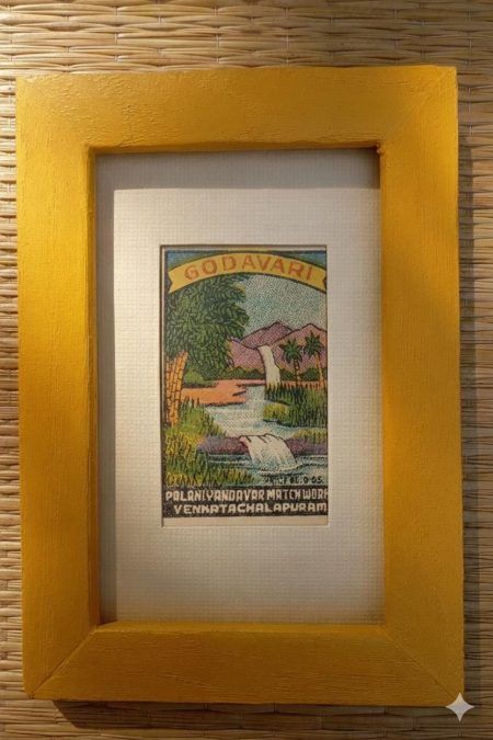 Framed Original Indian Matchbox Godavari Venkatachalapuram from 1960s, handmade wooden frame with joinery