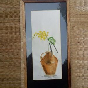 Minimal Flower Arrangement Yellow Cassia Fistula Beaten Brass Vase handmade watercolor painting