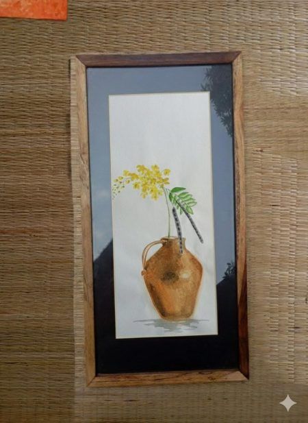 Minimal Flower Arrangement Yellow Cassia Fistula Beaten Brass Vase handmade watercolor painting