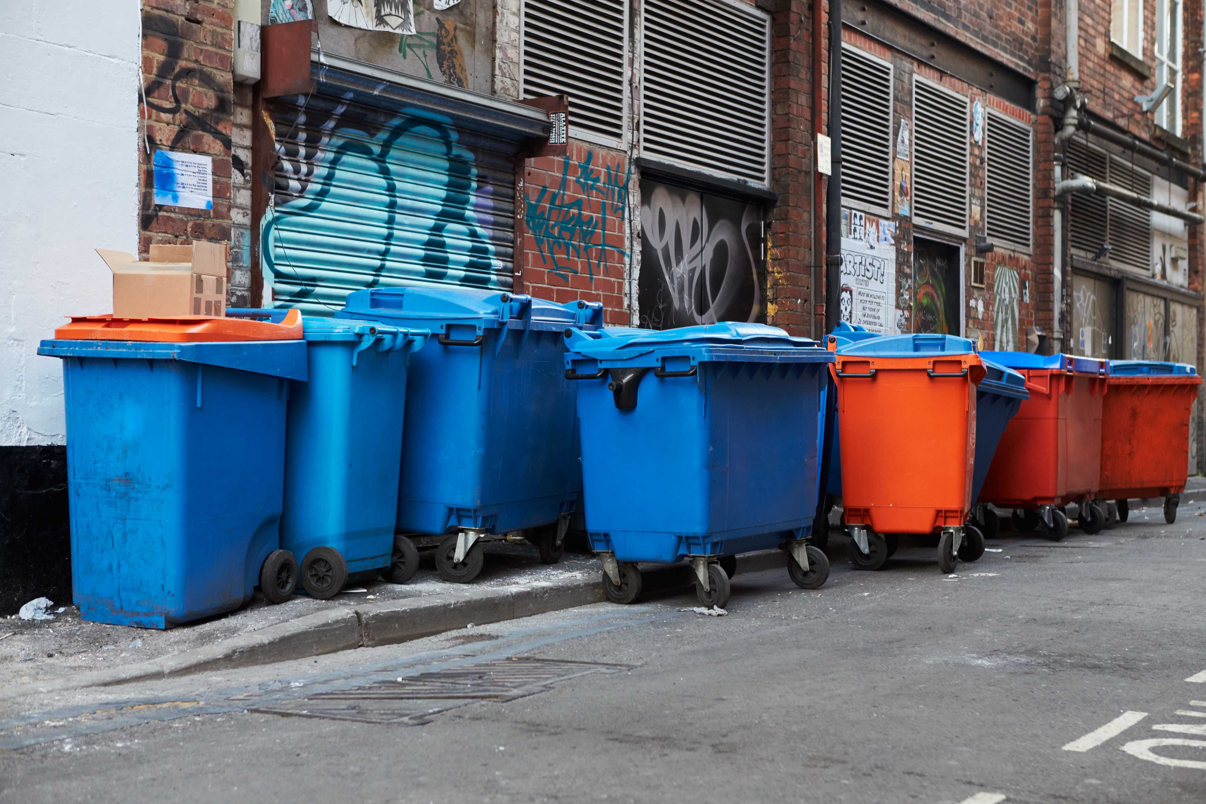 manchester-uk-10-may-2017-group-of-wheelie-bin