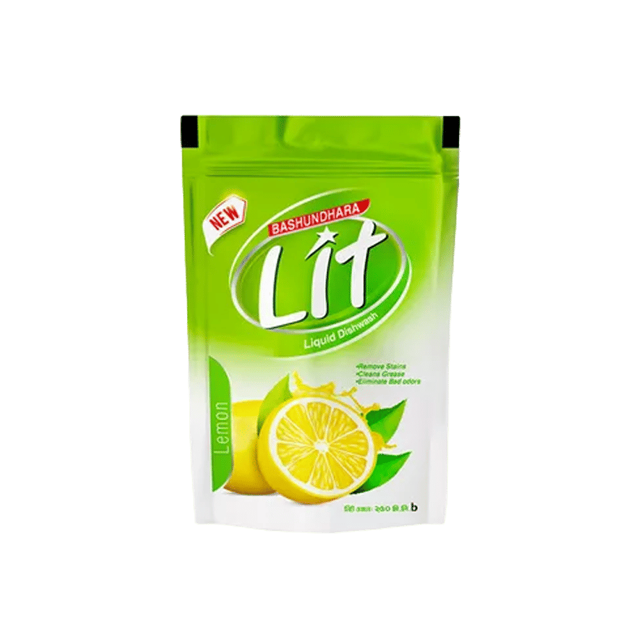 Bashundhara Lit Liquid Dish Wash Lemon Pouch 250 ml – Effective Grease Removal & Fresh Lemon Scent