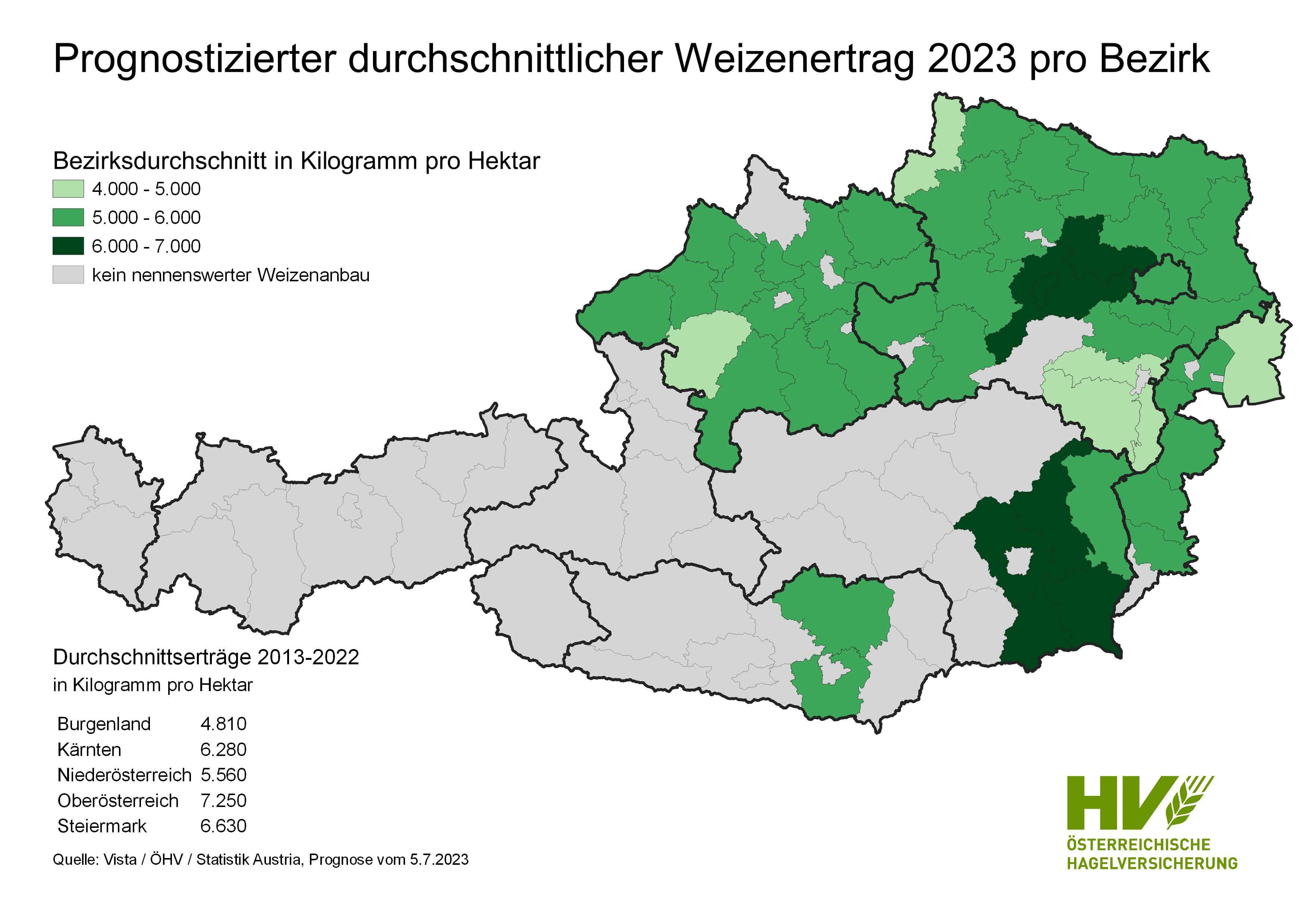 Karte – Prognostizierter durchschnittlicher Weizenertrag 2023 pro Bezirk 