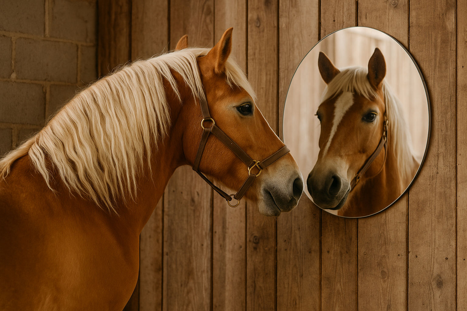 KI-generiertes Bild mit einem Pferd vor einem Spiegel