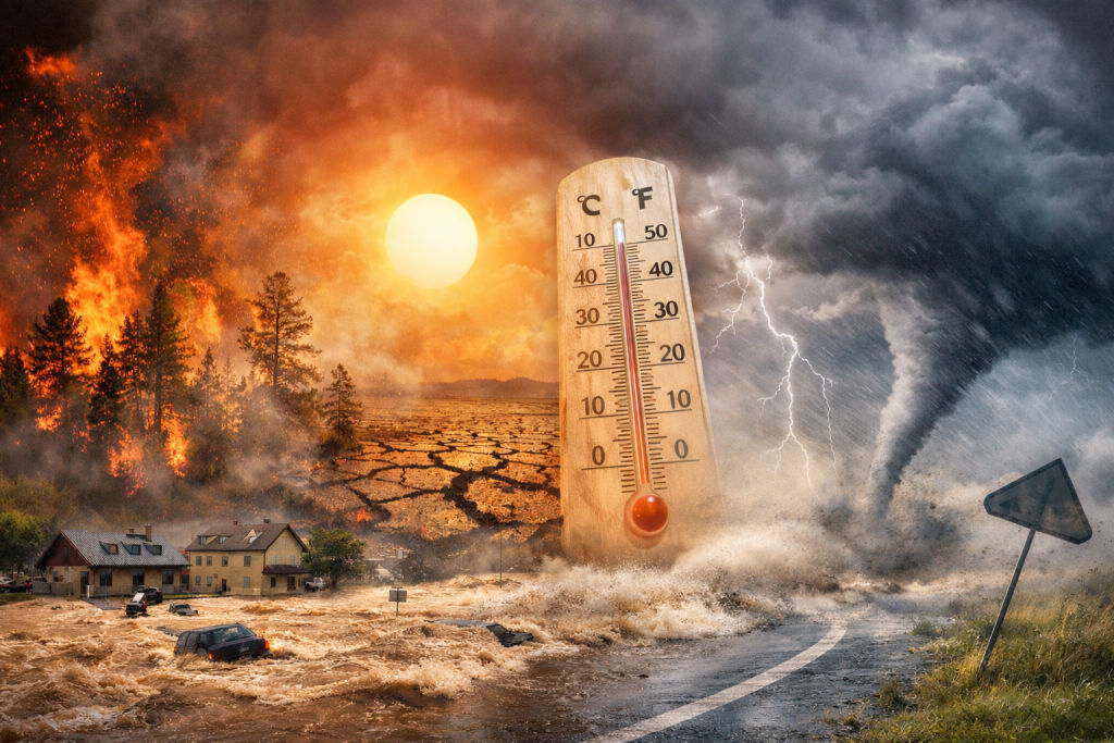 Eine dramatische Bildkomposition zeigt verschiedene Formen von Extremwetter: Ein Waldbrand mit hohen Flammen, ausgedörrter und rissiger Boden unter intensiver Hitze, überflutete Häuser und Straßen sowie ein heranziehender Wirbelsturm. Dunkle Gewitterwolken und aufgewühltes Wasser unterstreichen die zunehmende Intensität und Gleichzeitigkeit klimabedingter Naturereignisse.