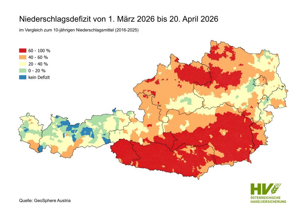 Karte von Österreich zeigt ein starkes Niederschlagsdefizit von März bis April 2026, besonders ausgeprägt im Süden und Osten (rote Bereiche bis 60–100 %)