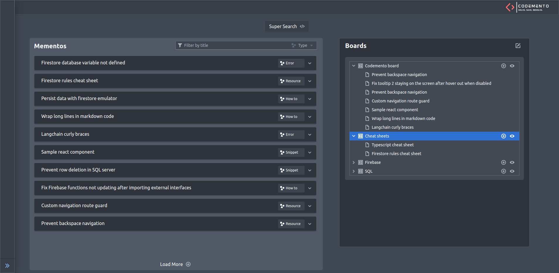 Codemento's dashboard displaying a list of mementos