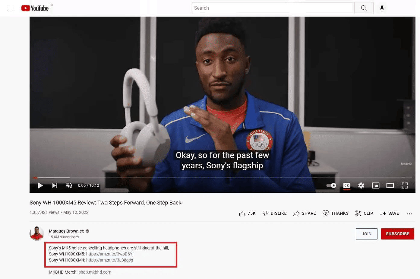 YouTuber showcasing headphones with affiliate links displayed