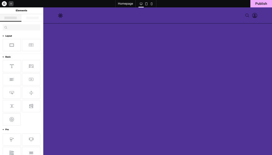 Elementor page builder interface