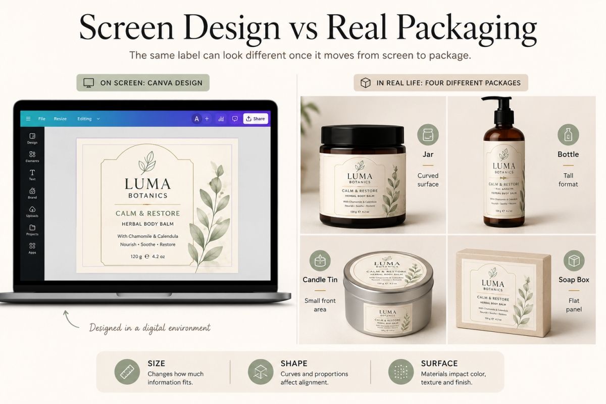 Canva Product Label Design Tips For Small Business Packaging Screen Design Vs Real Packaging