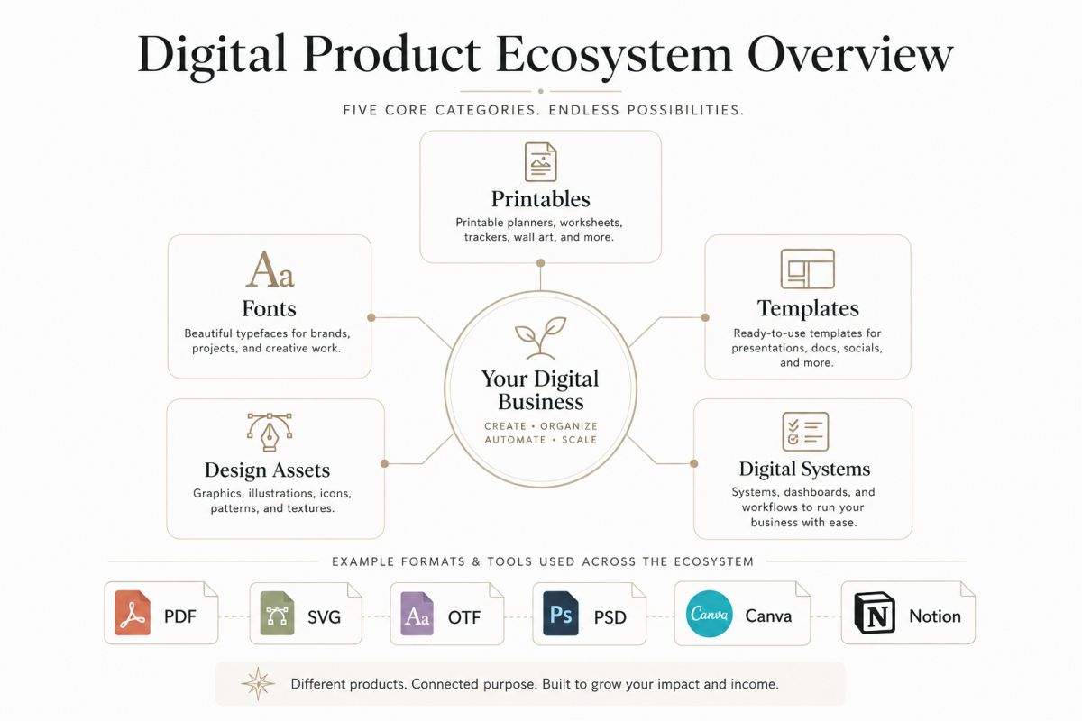 Digital Product Ideas To Sell Printables Fonts Templates And Design Assets Digital Product Ecosystem Overview
