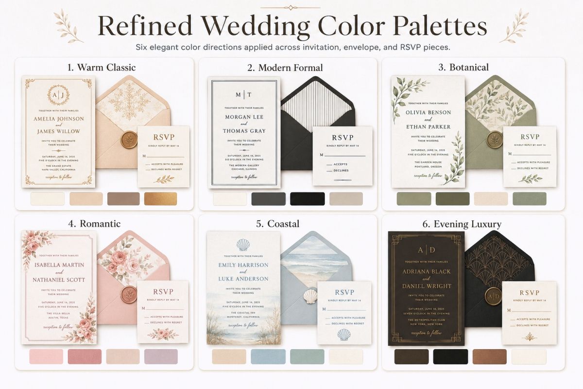 Elegant Wedding Invitation Design Ideas For Premium Printable Cards Refined Wedding Color Palettes Board