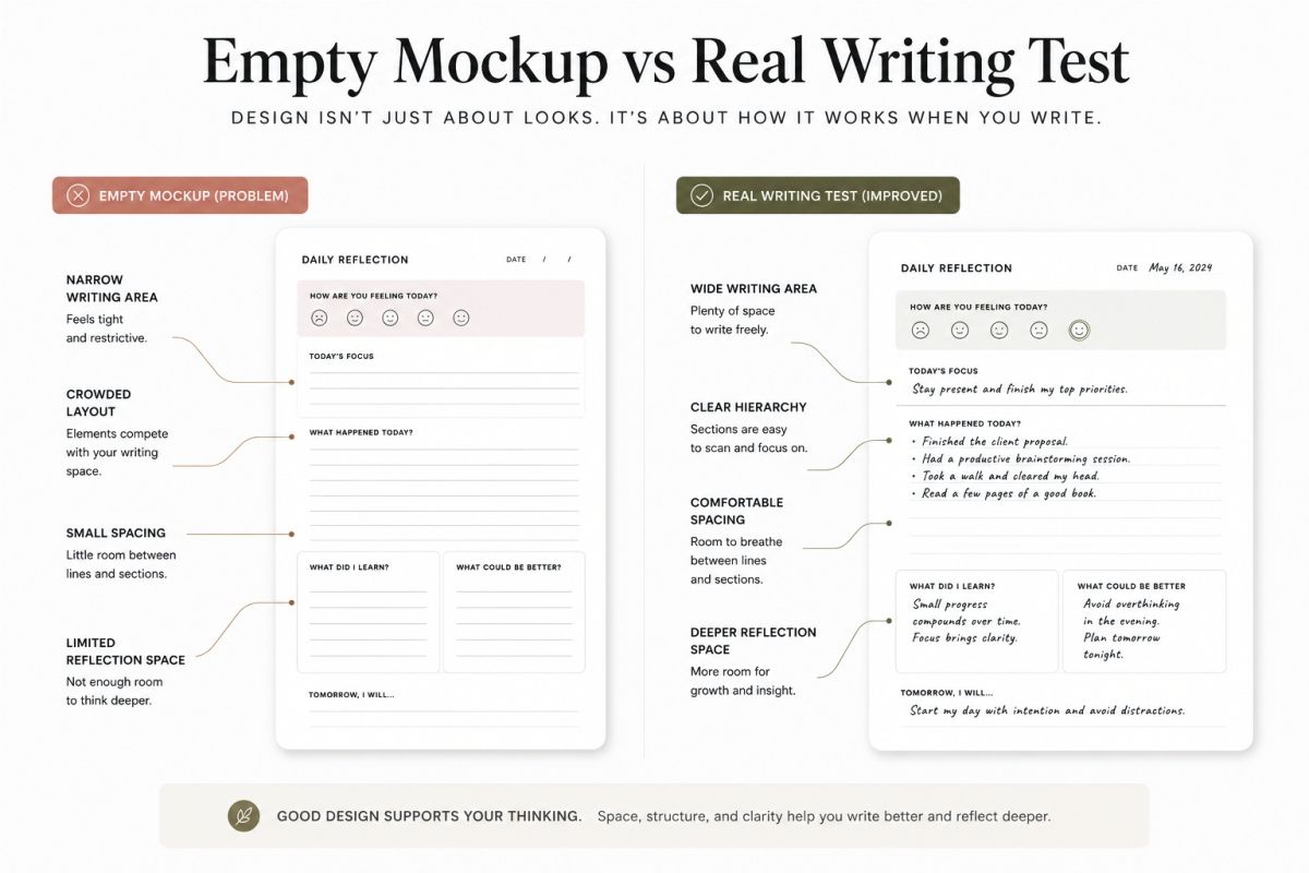 Printable Journal Pages Layout Ideas For Personal And Creative Use Preview4  Empty Mockup Vs Real Writing Test 1
