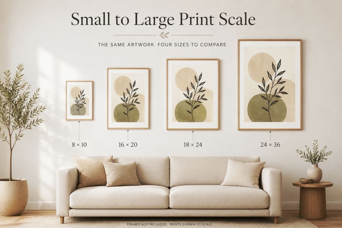 Printable Wall Art Size Guide 5x7 8x10 A4 And Large Prints Print Size Comparison In Serene Space 1