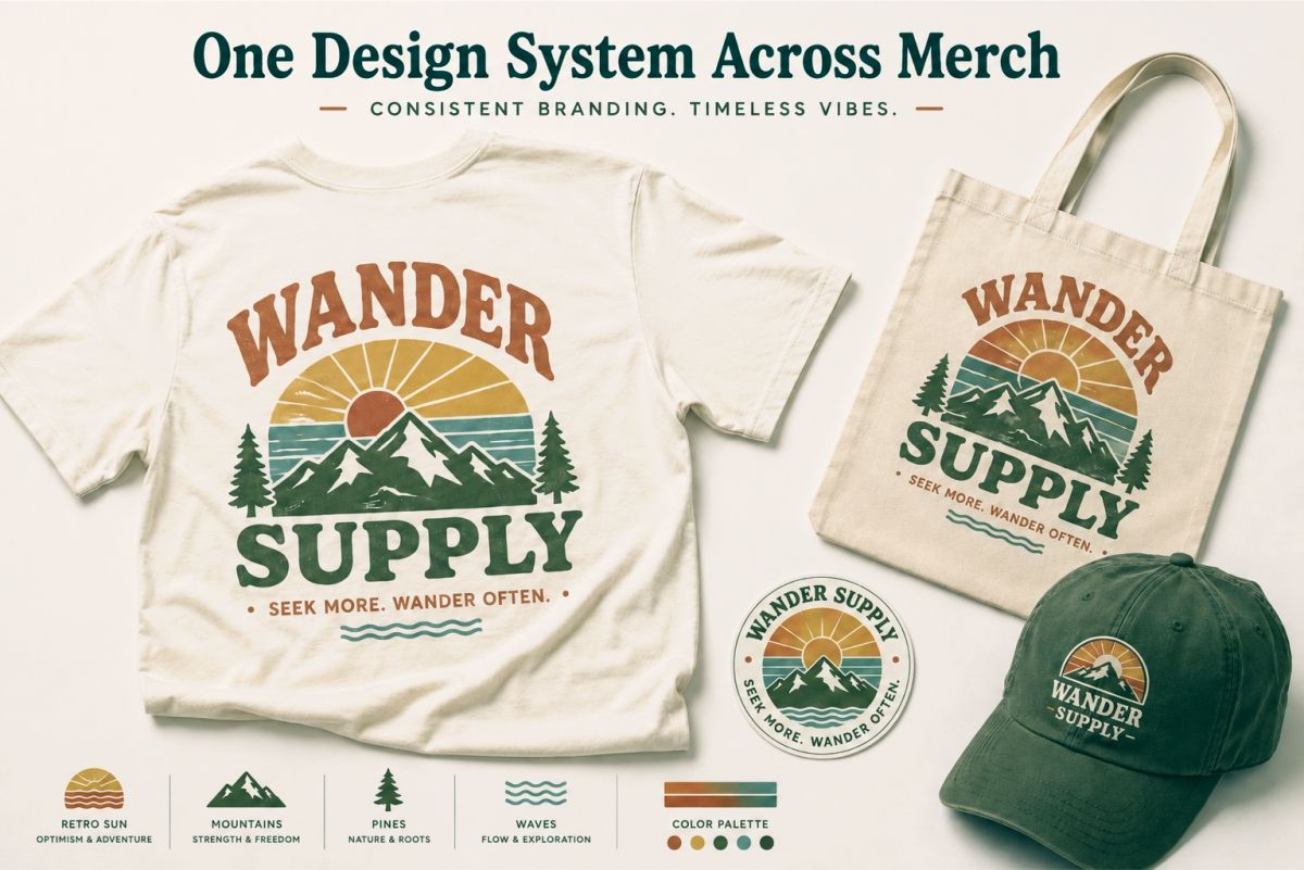 Retro font design applied to shirts and merchandise