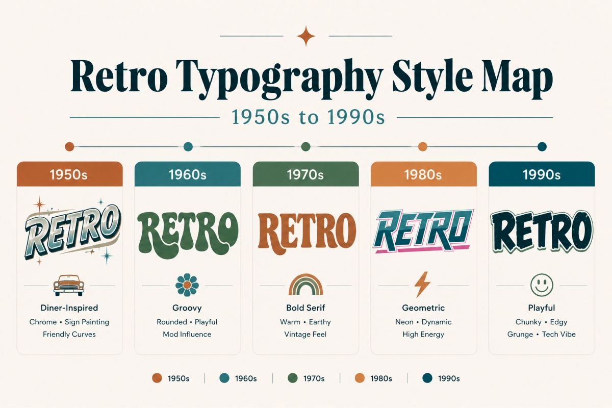 Retro font design styles from the 1950s to the 1990s