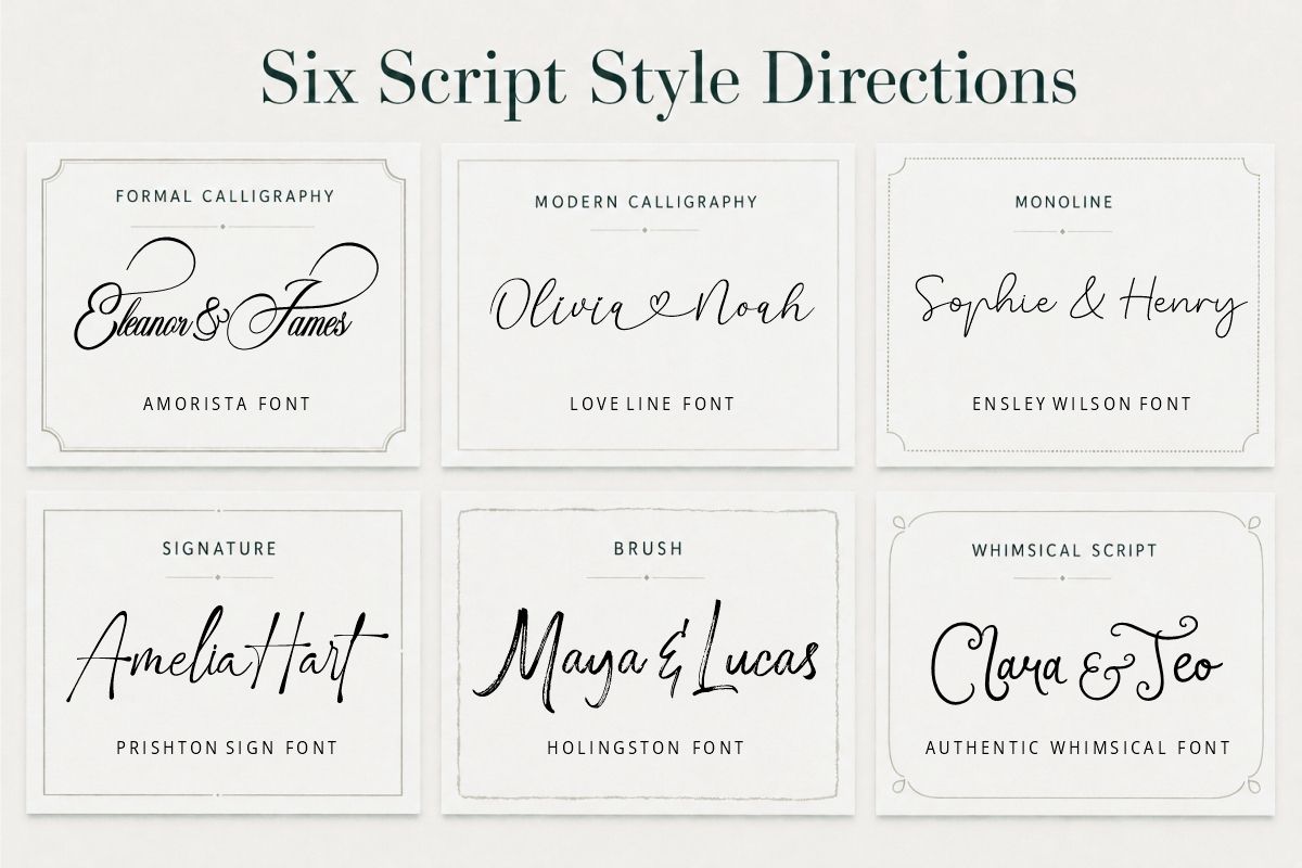 Script Fonts For Invitations Elegant Romantic And Readable Choices Six Elegant Script Style Cards Infographic 1