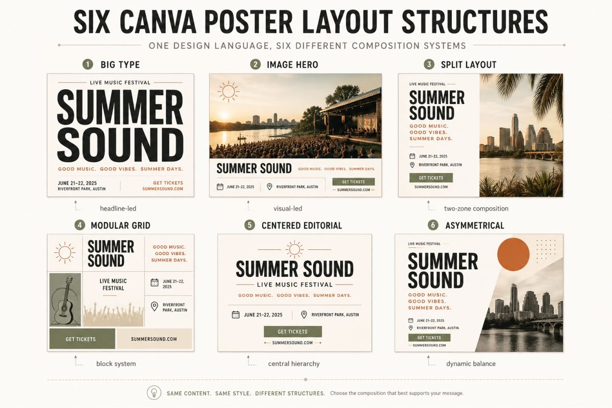Six Canva Poster Layout Structures